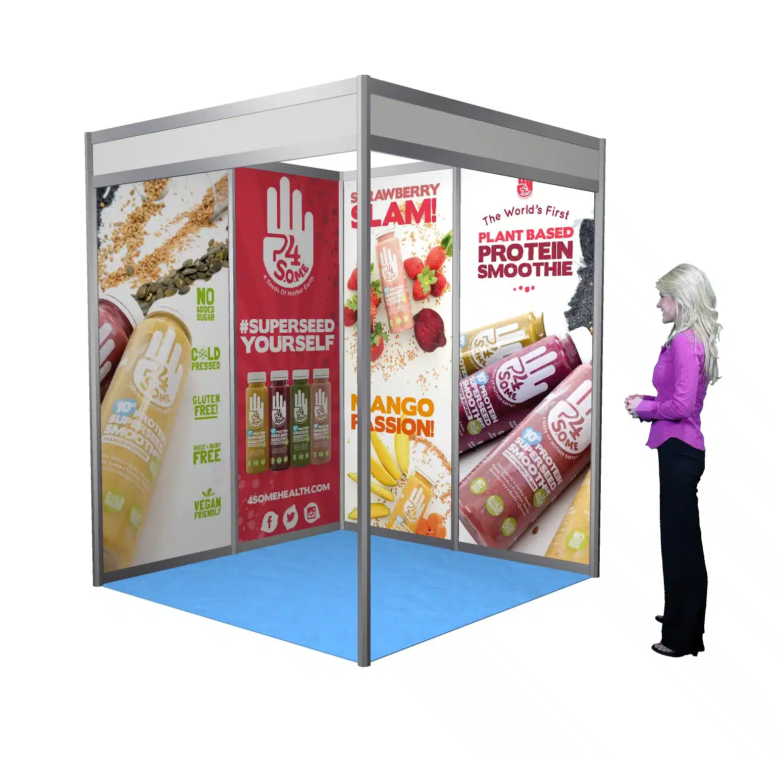 Exhibition shell scheme showcasing vibrant branding for 24SOMe health drinks with promotional messaging, featuring a woman engaging with the display.