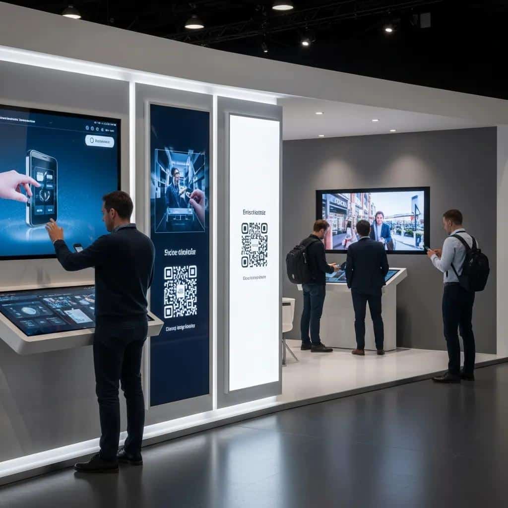 Exhibition stand with digital integration, featuring interactive screens and visitors engaging with technology