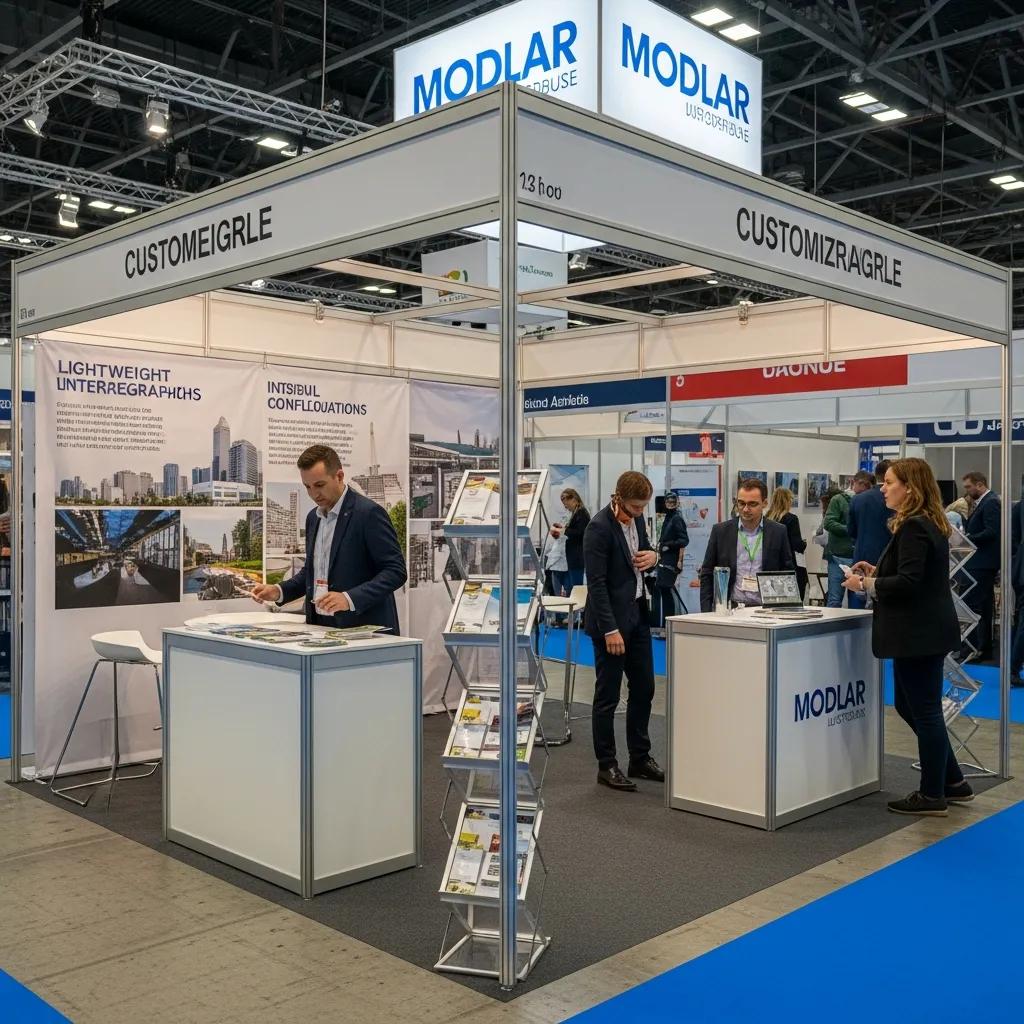 Modular and portable pop up stand in an exhibition with attendees engaging and showcasing customization