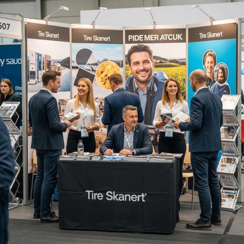 Seamless linked pop up display stand at a trade show with engaging graphics and people interacting