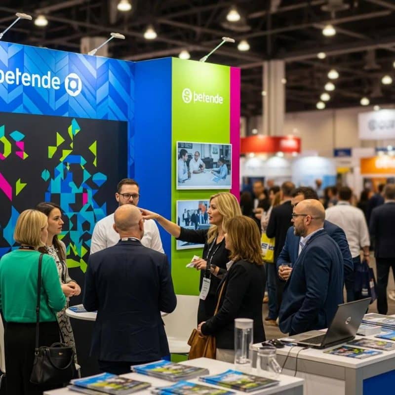 Trade show booth with a vibrant pop up display stand attracting attendees