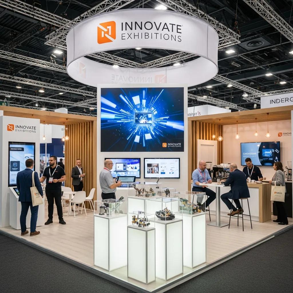 Bespoke custom exhibition stand at a trade show with visitors engaging with displays