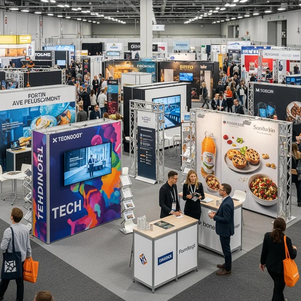 Diverse pop up display stands at a trade show showcasing vibrant graphics and engaging brand presentations