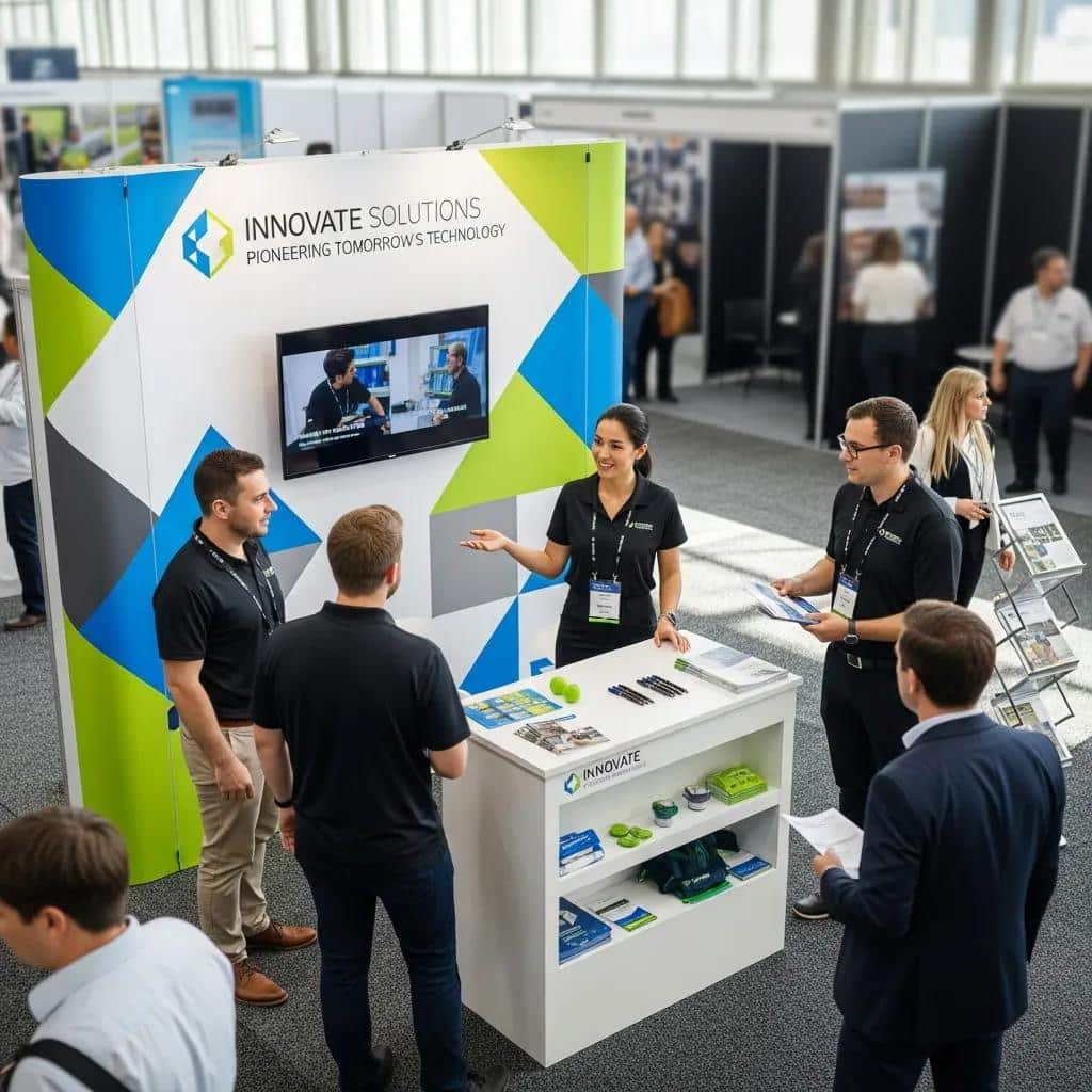 Modern portable trade show booth with engaging graphics and visitors interacting