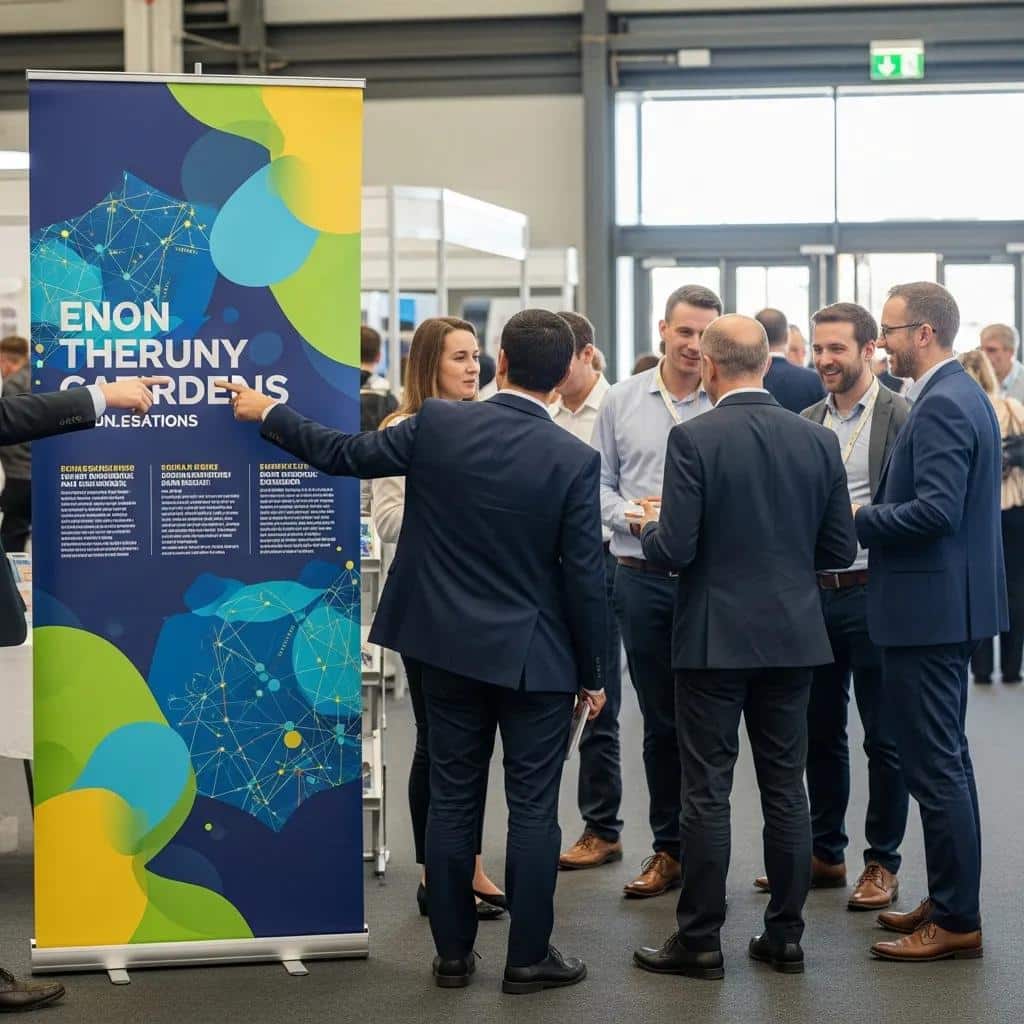 Portable roller banner stand at a UK event with vibrant graphics and people engaging